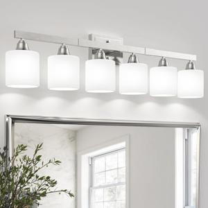 VOLISUN Brushed Nickel Bathroom Light Fixtures, 6-Light Bathroom Vanity Lights Over Mirror, Modern Vanity Light for Bathrooms, Bathrooms Lights Fixtures Over Mirror with Milky White Glass Shades