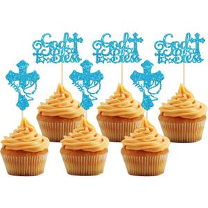 36Pcs God Bless and Cross Cupcake Toppers with Dove Glitter First Communion Baptism Cupcake Picks Decorations for Christian Baptism Theme Boys Girls Birthday Party Supplies Blue