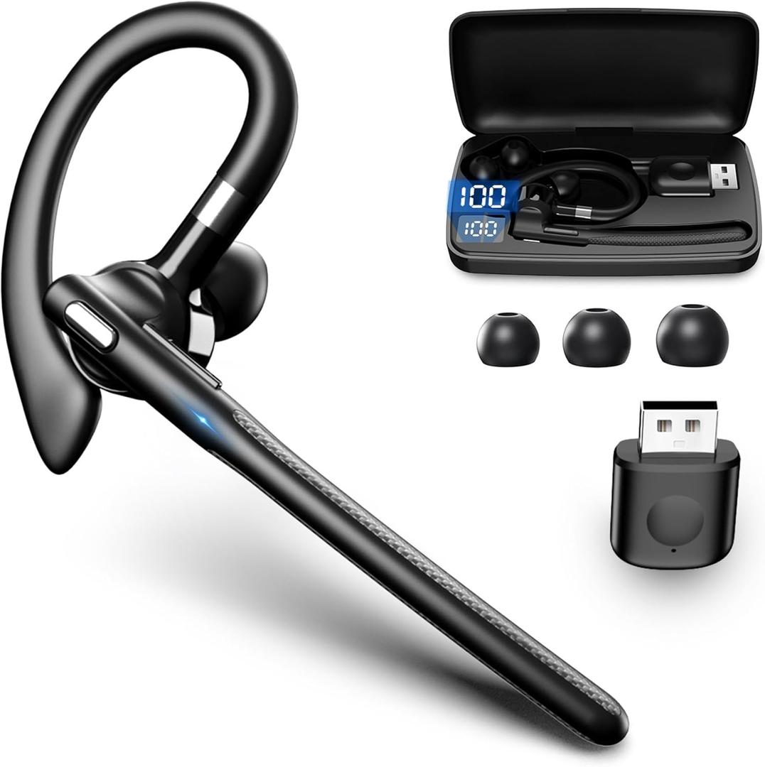 Bluetooth Headset, Wireless Earpiece with 500mAh Charging Case Hands Free Noise Canceling Headphones with Dual-Mic for Computer Cell Phones Trucker Home Office Work (Black)