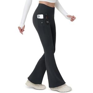 MAGCOMSEN Women's Fleece Lined Flare Leggings Waterproof Insulated Winter Pants Warm Snow Yoga Hiking Bootcut 3 Pockets L