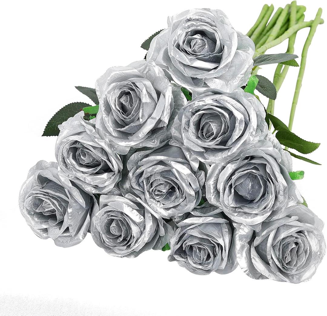 Nubry Artificial Silk Rose Flower Bouquet Lifelike Fake Rose for Wedding Home Party Decoration Event Gift 10pcs (Silver)