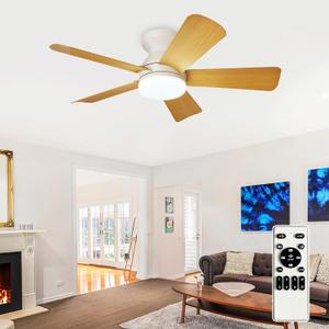 Modern Ceiling Fans with Lights: 35in Flush Mount Ceiling Fan with Light and Remote - White Low Profile Ceiling Fan for Bedroom Reversible 3CCT Dimmable Timer Quiet Indoor/Outdoor Use (35in-wood Grain Blades)