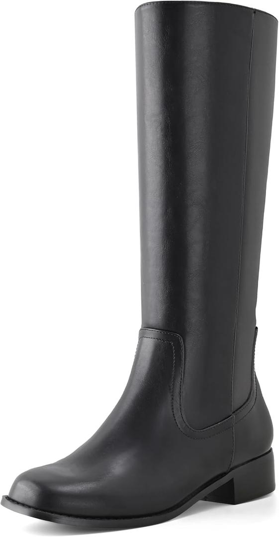 Shoe'N Tale Women's Knee High Boots Block Low Heel Square Toe with Side Zipper Fall and Winter Fashion Comfortable Boots (8, Black)