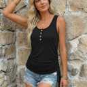 AUTOMET Tank Tops for Women Summer Sleeveless Loose Fit U Neck T Shirts Button Drawstring Basic Tee (Black, M)