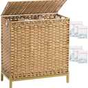 SETVSON Laundry Hamper with Lid 132 L, (35 Gallons) Clothes Hamper with Lid, Handwoven Rattan Laundry Hamper with Metal Heightened Feet, Laundry Hampers with 3 Removable Liner Bags for Laundry-Natural