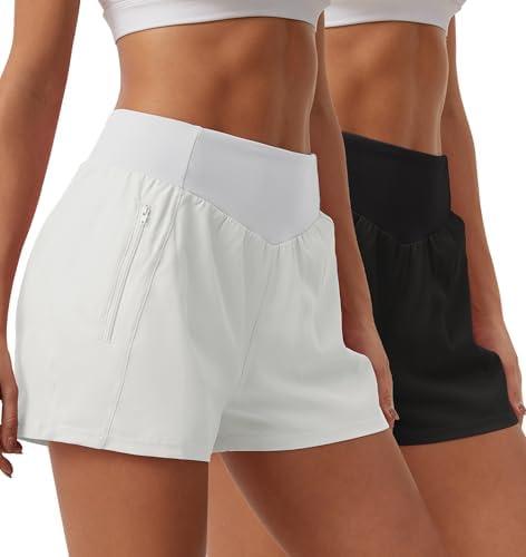 SILKWORLD Womens Running Shorts with Zipper Pockets Summer Cool Athletic Gym Workout Shorts Black Medium