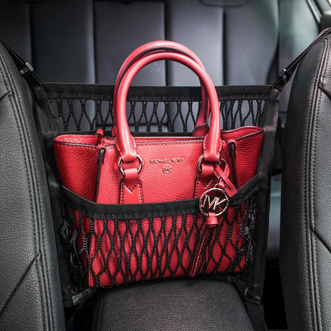 Car Accessories, Organizer Storage Between Front Seats, Purse Handbag Holder of 3 Layers Mesh Net Pocket Bag, Backseat Dog Pet Barrier, Patented, Black