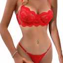 Lilosy Sexy Underwire Push Up Scallop Floral Lace Sheer Lingerie Set for Women Bra and Panty 2 Piece (Medium, Bright Red)