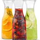 KooK Glass Carafe, Mimosa Bar Supplies, Carafe Pitchers with Lid, Set of 3, Glass Water Pitcher, Drink Dispensers for Parties, Tea, Wine, and Juice, Plastic Lids, Dishwasher Safe, 35 oz