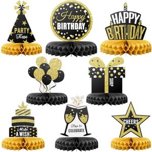 Happy Birthday Table Decoration Centerpieces - 8 Pieces, Black & Gold - Double-Sided Happy Birthday Centerpieces for Tables - Party Supplies for Elegant Birthday Decorations - by PixiPy