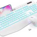 Trueque Wireless Keyboard and Mouse Combo with 7 Colored Backlits, Wrist Rest, Rechargeable Ergonomic Keyboard with Phone Holder, Silent Lighted Full Size Combo for Windows, PC, Laptop (Cloud White)