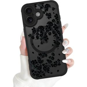 OOK Magnetic Case Fit for iPhone 17 6.3 Inch (Compatible with MagSafe) Soft TPU and Hard PC Phone Cover with Black Floral Flowers Anti-Scratch Shockproof Protection Case for Women