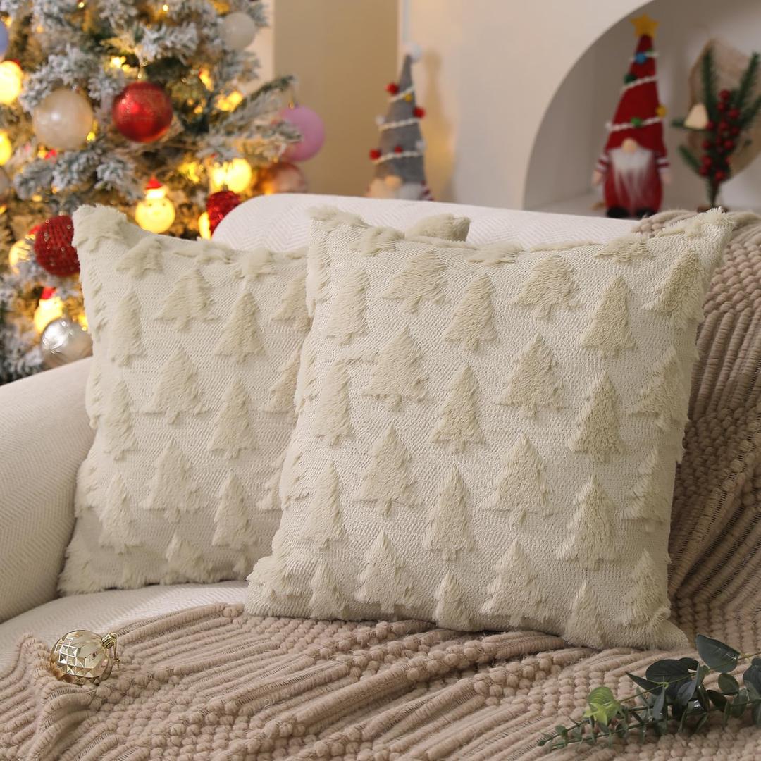 DFXSZ Christmas Tree Pillow Covers 16x16 inch Set of 2 Christmas Decoration Beige Soft Plush Faux Fur Jacquard Throw Pillows for Bedroom Sofa Holiday Festivals Winter Home Decor PTK006C16