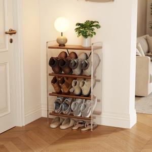 4‑Tier Shoe Rack, Solid Wood and Acrylic, Walnut, 19.5" W