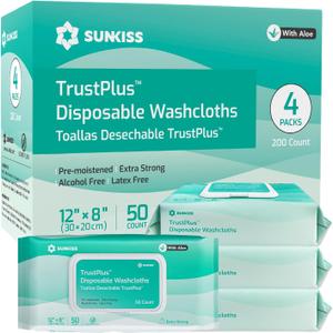 SUNKISS Trustplus Wet Wipes for Adult No Rinse, Extra Large 8x12 Body Cleaning Washcloths for Elderly Incontinence & Cleansing, 200 Count (4 Packs of 50) (50 Count (Pack of 4))