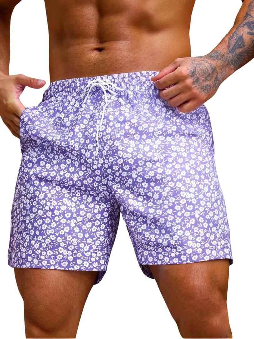Verdusa Men's Drawstring Waist Swimwear Beach Shorts Swim Trunks with Pockets (L)