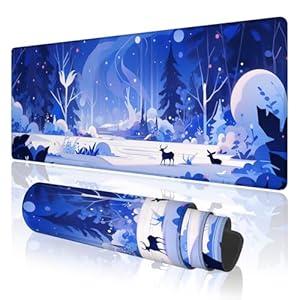 TOXXU Christmas Snowy Large Gaming Mouse Pad with Anti-Slip Base for Keyboard, Winter Fantasy Scenery Extended XL Mousepad for Girl, Cute Desk Mat with Stitched Edges for Desk, 31.5 x 11.8 in, Blue