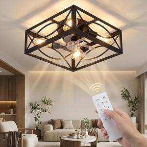 LIONVISON Caged Ceiling Fan with Lights: 16" Small Flush Mount Low Profile Fandelier with Remote DC Motor Reversible 6 Speeds Farmhouse Industrial Ceiling Fans for Bedroom Kitchen Black