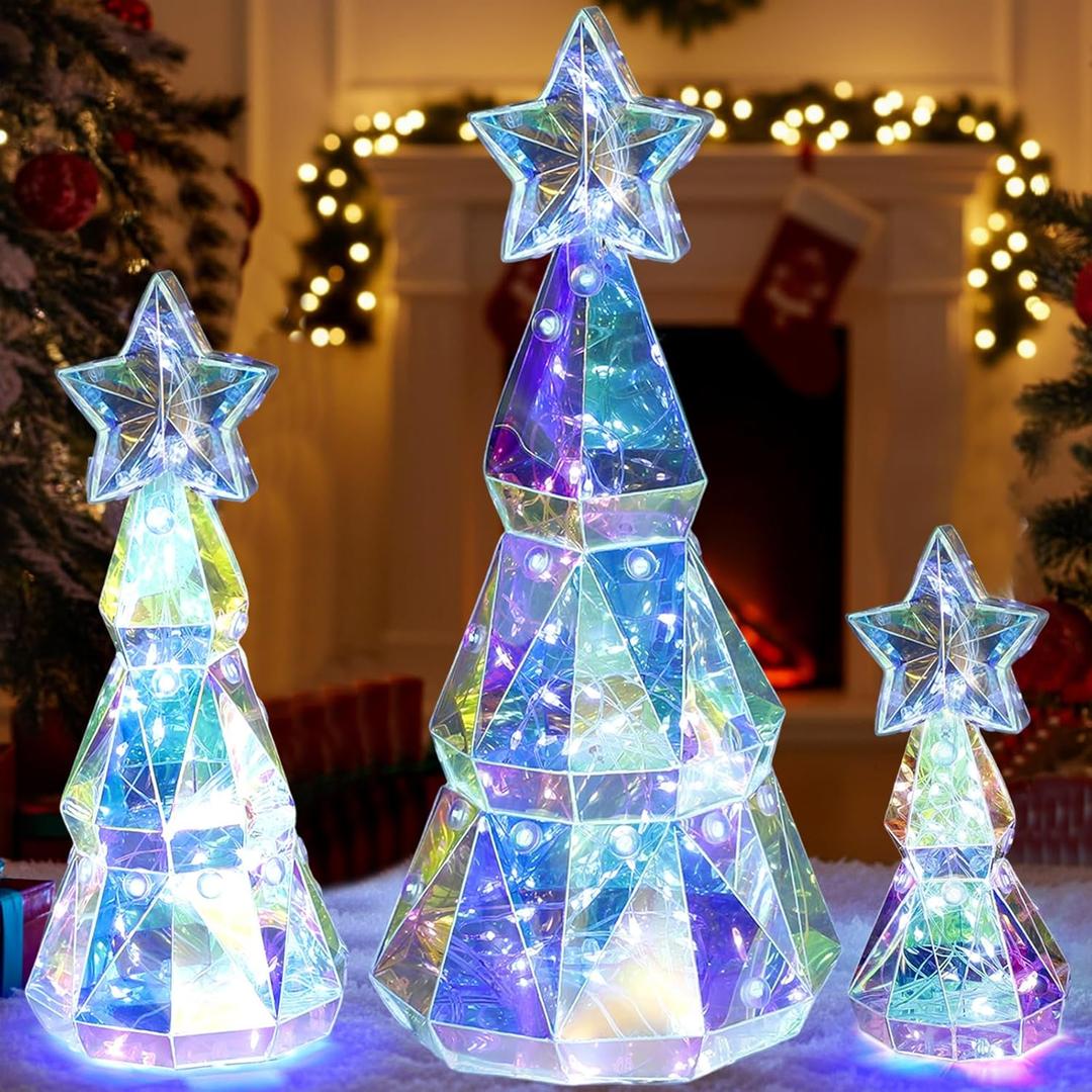 Set of 3 Size Prismatic Iridescent Christmas Trees with LED Lights Holographic Christmas Tree Glow Colorful Lights Prismatic Xmas Decoration for Indoor Outdoor Desktop Decor Holiday Gift
