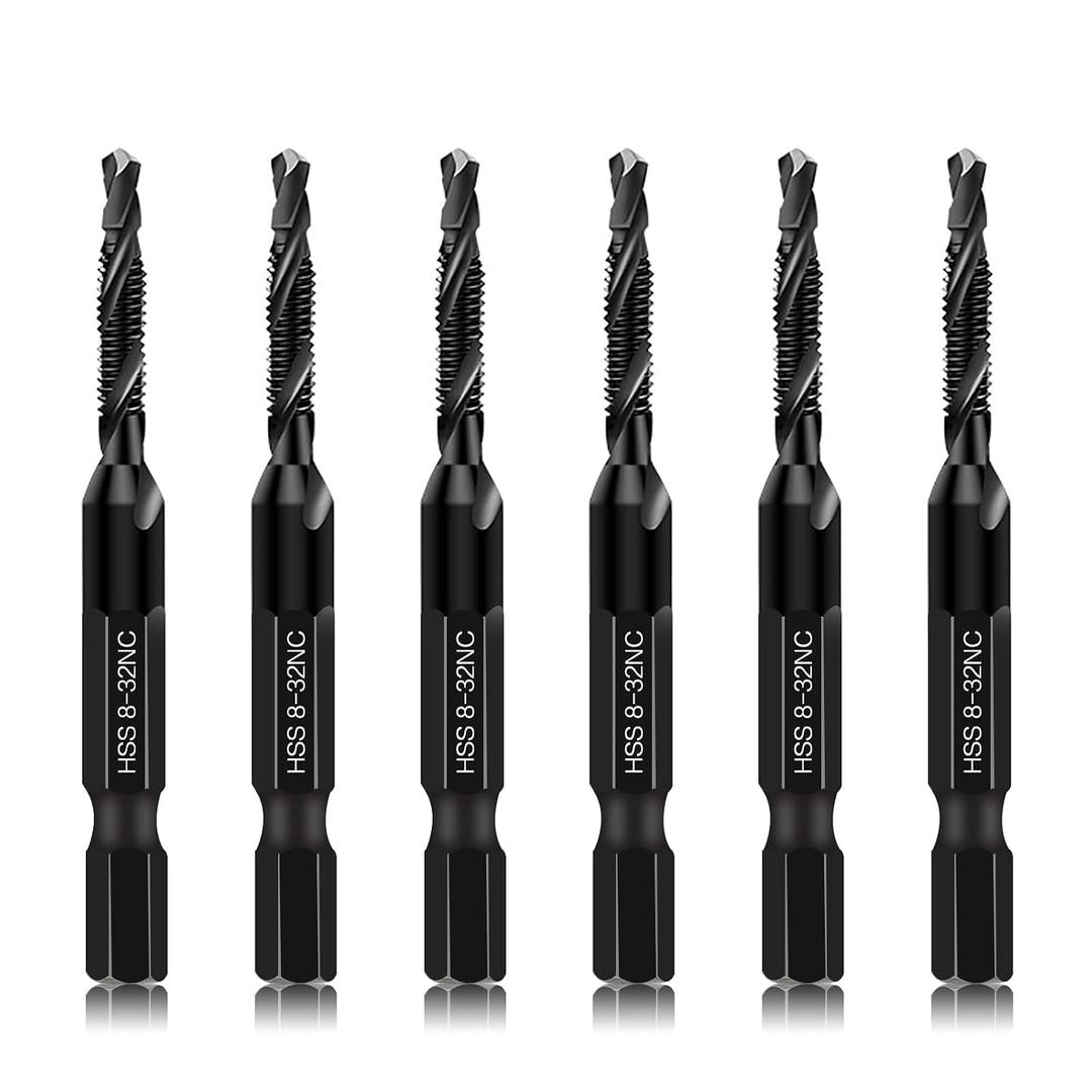 6-Piece 8-32NC Combination Drill Tap Countersink Bit Set SAE, Made of High-Speed Steel with Anti-Rust Blackened Coating, Ideal for Soft Metal, Wood & Plastic, 8-32NC Thread Size, 1/4 Hex Shank