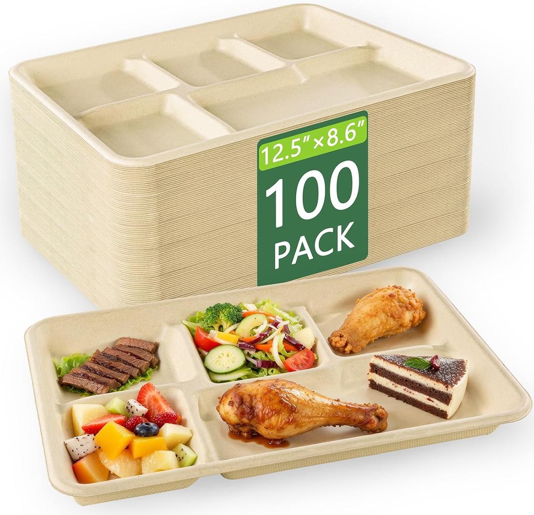 WELLIFE 100% Compostable 5 Compartment Paper Plates, 100 Pack Disposable School Lunch Trays Divided Plates for Adult Youth, 12.5 * 8.6 inch Heavy Duty Eco-Friendly Bagasse Plate for Buffet and Party