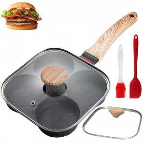 HUPECHAM Egg Pan With Lid 4-Cup Nonstick, and Healthy Granite Egg Frying Pan, Versatile Breakfast Skillet for Eggs, Pancakes, Plett, Crepes, Compatible with Gas Stove and Induction Cooktop