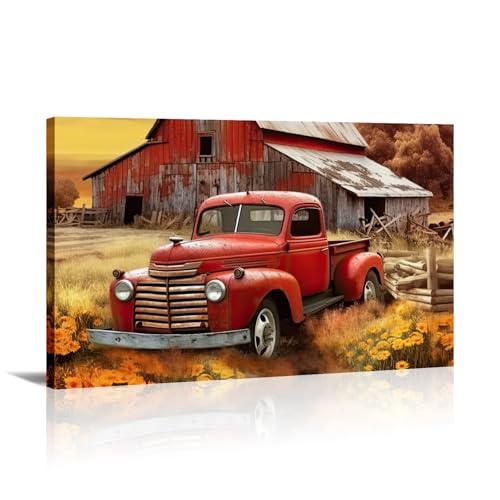 Farmhouse Canvas Wall Art Rustic Old Truck with Barn Picture Print Country Landscape Painting Vintage Artwork for Living Room Bathroom Home Office Decor Framed(Art-5,16.00"x24.00")