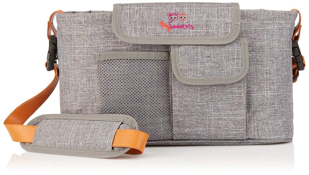 All-In-1 Baby Stroller Organizer | Large Cup Holders, Plenty of Pockets, Key Holder, Wipes Pocket, BONUS Leather Strap | Multipurpose Baby Bag For Busy Parentsm Gray