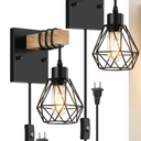 Lomoky Plug in Wall Sconces Set of Two, Vintage Wood Wall Lamps with Plug in Cord, Farmhouse Wall Light Fixture with 5.25FT On/Off Switch Cord, Indoor Sconces Lighting for Bedroom Living Room (Black)