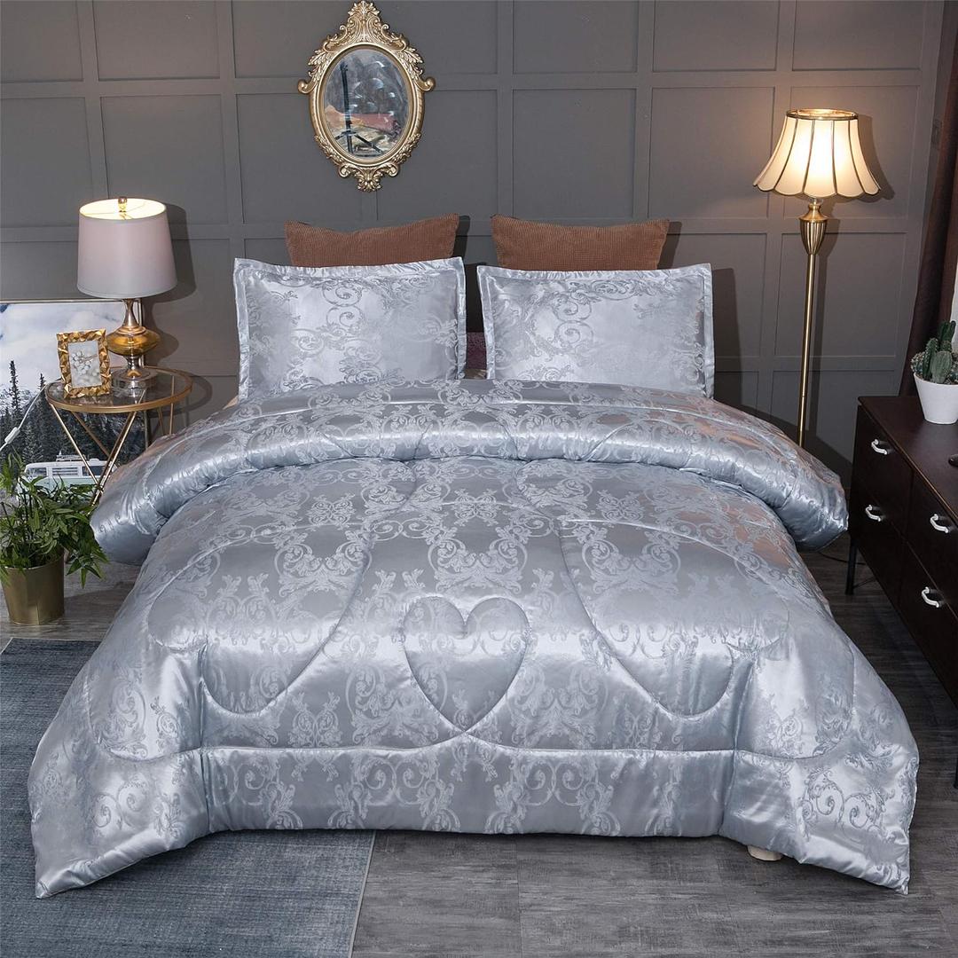 King Size Comforter Set, Silver Bedding Comforter Sets All Season Grey Bed Comforter King Set, Soft Lightweight Silk Jacquard Comforter Set with 2 Pillow Shams(King,104x90) (Gray)