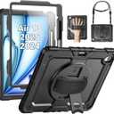 SEYMAC for iPad Air 13 Inch Case M3 2025/ M2 2024, Heavy Duty Shockproof Protective Case with Screen Protector, 360 Rotating Stand, Hand/Shoulder Strap and Pen Holder for iPad Air 13, Black