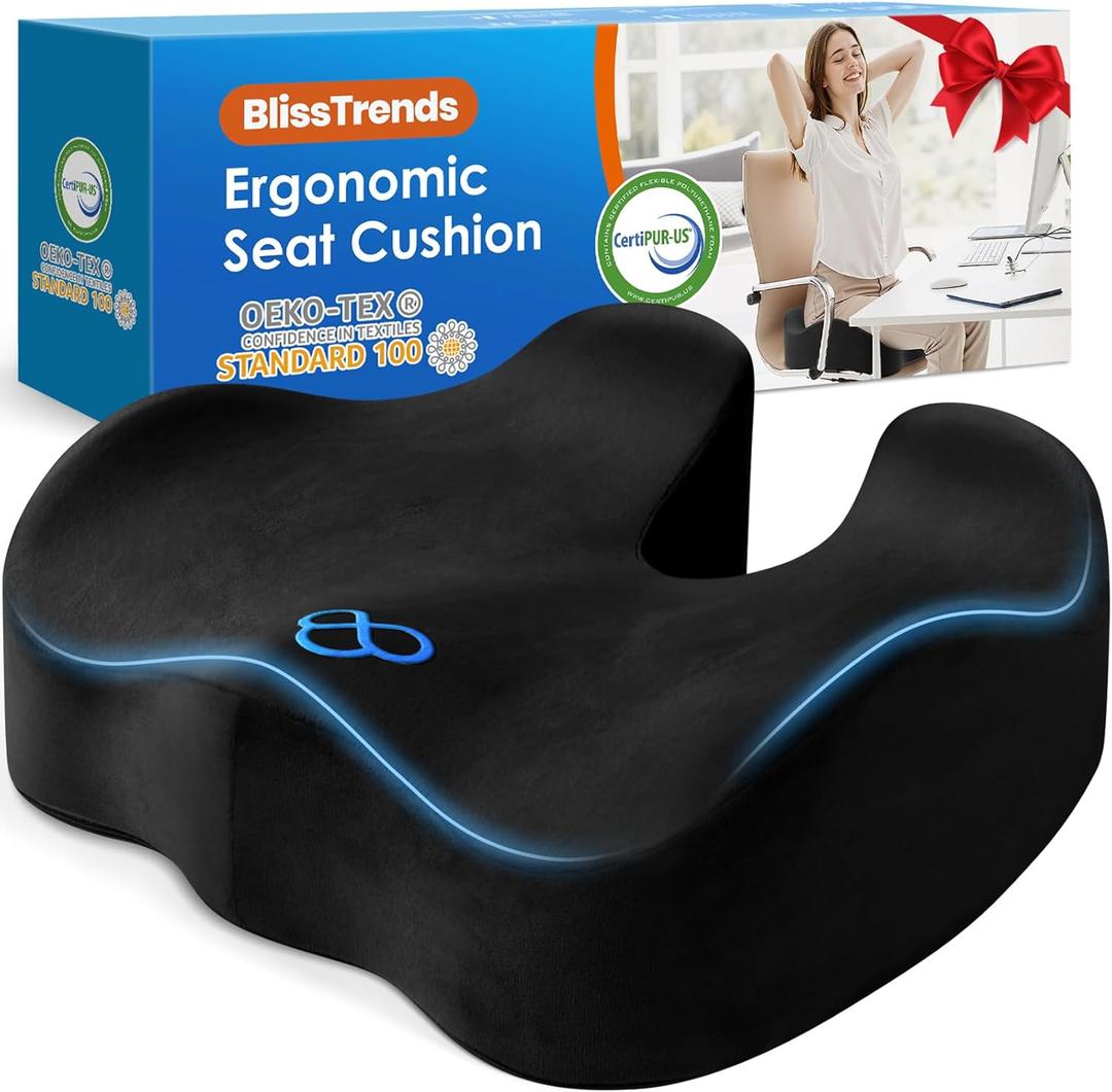 BlissTrends Seat Cushion,Thick Memory Foam Cushions for Office Chair, Car Seat, Airplane, Relieving Pressure Tailbone Sciatica Back Pain for Long Sitting Office Workers, Car Drivers 4.7in Thick Black (Large)