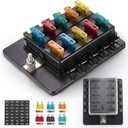 BUNKER INDUST 10-Way Fuse Box Blade Fuse Block Holder with LED Indicator for Blown Fuse Waterpoof Protection Cover for Car Boat Marine Automotive,Include 20Pcs Blade Fuses and 1Pcs DIY Sticker