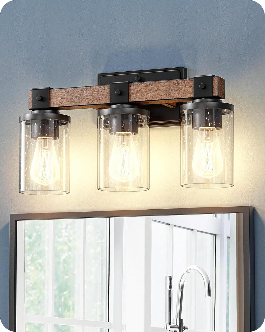 EDISHINE Farmhouse Vanity Lights for Bathroom, 3-Light Bathroom Vanity Light Fixtures Over Mirror, Painted Wood Vintage Bath Wall Sconces Lamp with Bubble Glass Shade for Bedroom, Powder Room, 3-Light with Bubble Glass Shade