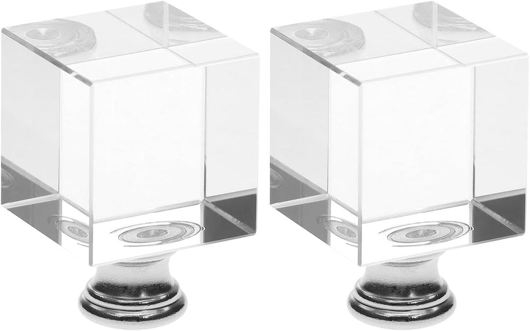 QWORK Clear Cube Crystal Lamp Finials with Silver Polished Chrome Base  2 Pack Modern 1-4/5" Tall Decorative Lamp Finial Cap Knobs