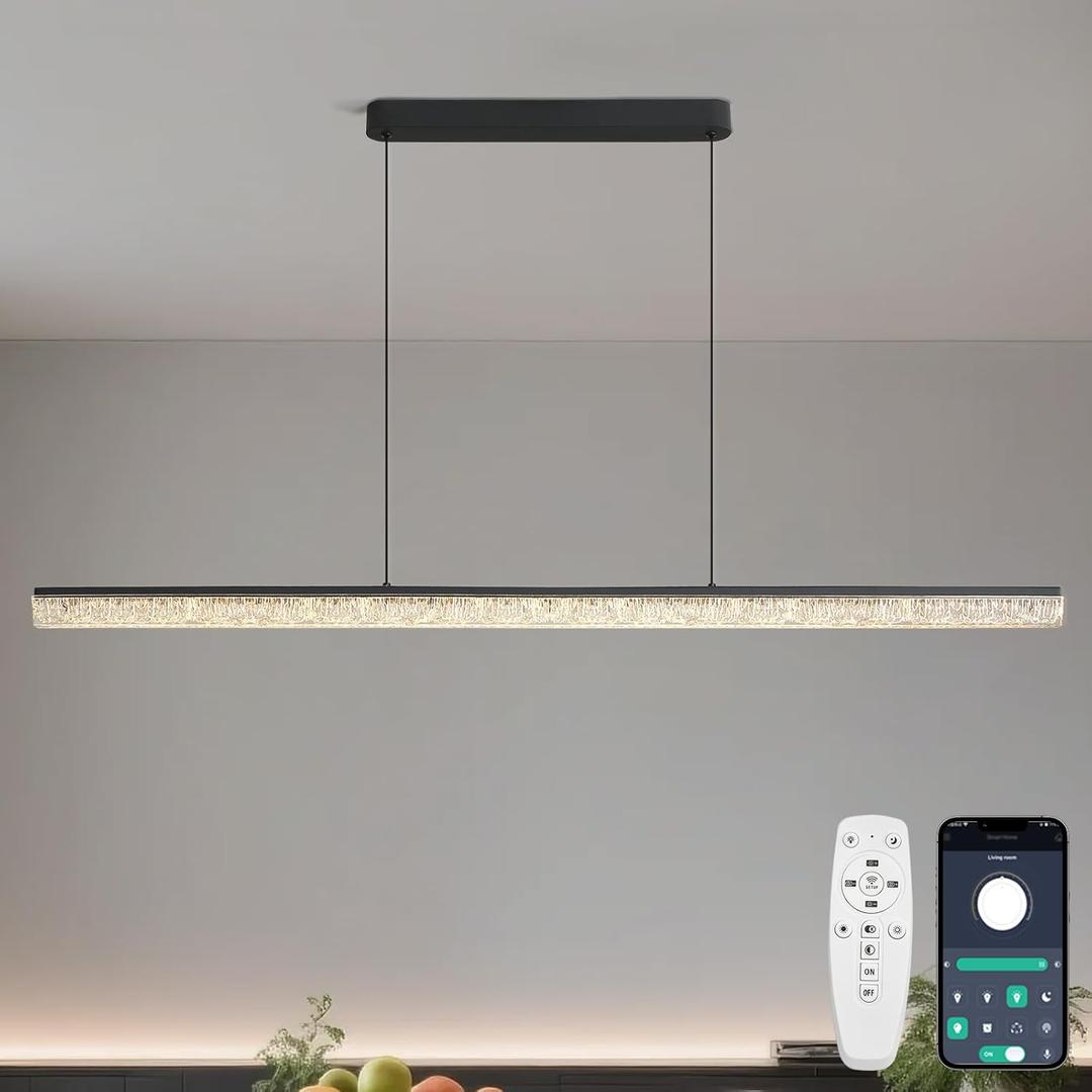 Modern LED Linear Pendant Light, 47 Dimmable Chandelier with APP & Remote Control, Ice-Crack Acrylic, Adjustable Height, 3000K6000K Kitchen Island Lighting for Dining Room & Office  Black