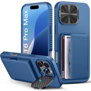 BXYJY for iPhone 16 Pro Max Case with Card Holder (4-5 Cards), Camera Cover Stand, Military Grade Protection, Shockproof Heavy Duty Rugged Silicone Women Men Wallet Case for iPhone 16 Promax, Blue