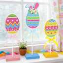 Easter Decorations for Home,3Pcs Egg Shaped Wooden Table Centerpiece Signs with Rabbit EarColorful Easter Egg Tiered Tray Decor for Home Farmhouse Kitchen Decorations