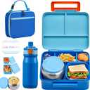 Bento Lunch Box for Kids with 8oz Soup Thermo, Leak-proof Lunch Food Containers with 5 Compartment, Insulated Lunch Bag & 17oz Stainless Steel Water Bottle for School, Travel (Blue)