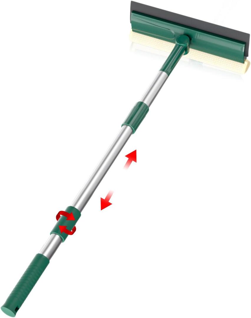 Window Squeegee for Home, 2 in 1 Window Cleaner Sponge and Dual Side Blade Rubber, Window Squeegee Cleaning Tool with Extension Pole for Gas Station, Glass, Shower, Windshield(25''-30'') (Green)