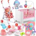 Baby Doll Crib and Stroller Accessories Play Set with 11" Baby Doll,Dining Chair,24 PCS Dolls Accessories and 2 Sets Clothes,Realistic Pretend Play for Girls Kids 3-5 4-6 5-7 Year Gifts