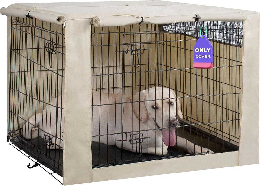 HiCaptain Dog Crate Cover 42.0" L x 28.0" W x 30.0" H with Breathable Mesh, Durable Heavy Duty Kennel Cover, Dual Zippered Panels, Windproof Waterproof UV-Resistant(Beige)