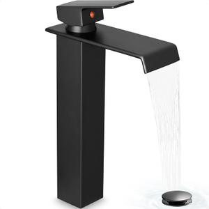 Brass Vessel Sink Faucet Black Waterfall Bathroom Faucet 1 Hole, Tall Bathroom Sink Faucet Single Handle, Modern Bathroom Faucets for Vessel Sinks with Pop Up Drain and Supply Hoses