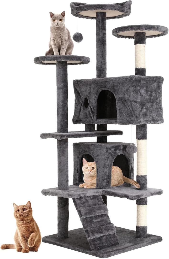 Cat Tree for Indoor Cats, Multi-Level Cat Tower with Scratching Posts & Cozy Condo, Space Saving Cat Activity Center, Durable Pet Play House (54in,Light Gray)