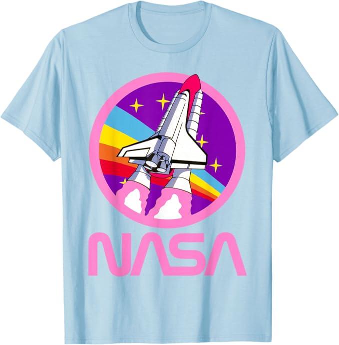 Nerdy NASA Rainbow Rocket Launch Girls Science Teacher T-Shirt, Baby Blue, Medium