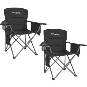KingCamp Padded Folding Lounge Chairs with Built in Cupholder, Insulated Cooler Sleeve, and Side Storage Pocket for Indoor and Outdoors, 2 Pack, Black