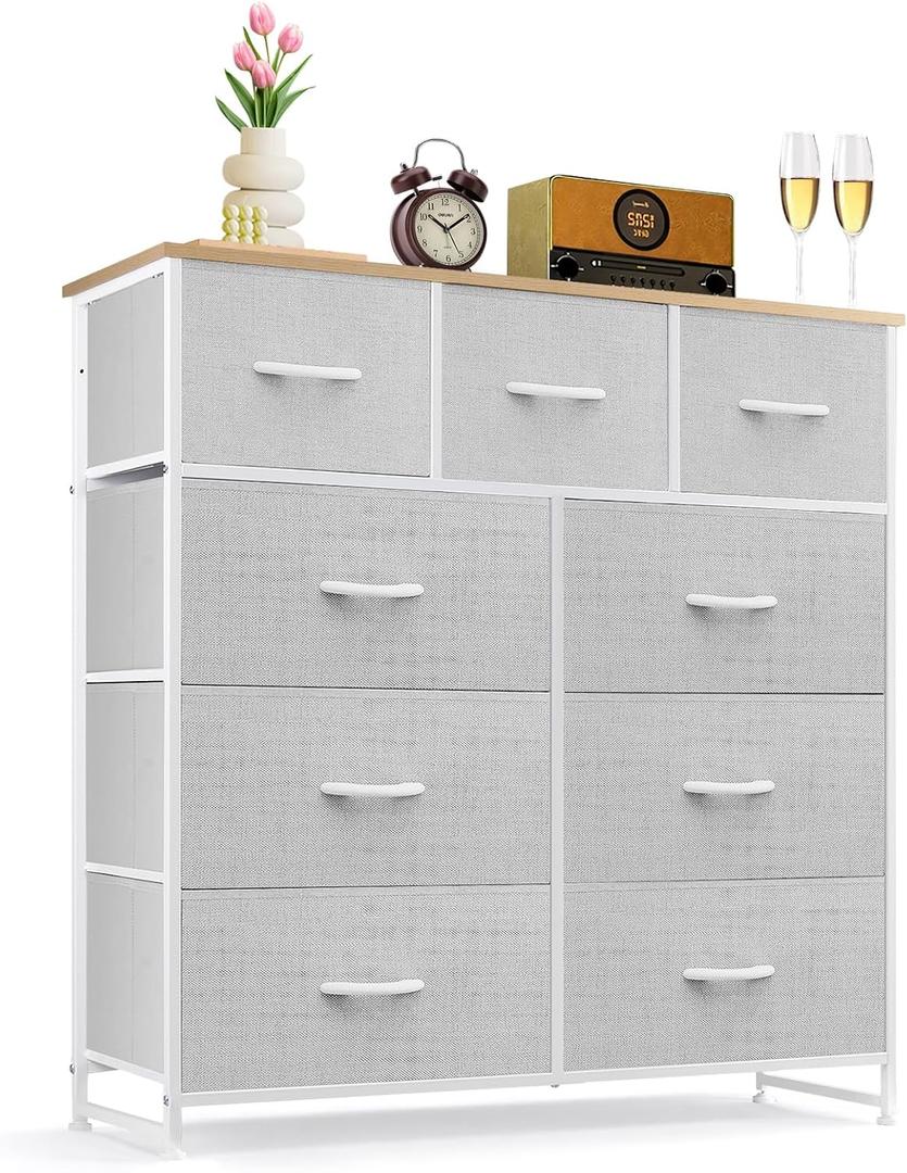 9-Drawer Dresser for Bedroom, Anti-Tip Tall Storage Organizer Chest of Drawers with Wooden Top and Metal Frame Fabric Bins for Closet, Living Room, Hallway, Entryway, Light Gray, 11.8"D x 39.4"W x 40"H