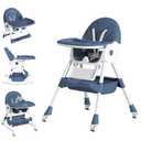 Baby High Chair, 5 in 1 High Chairs for Babies and Toddlers, Travel Foldable High Chair with Foot Rest, Detachable PU Cushion, Double Removable Tray, Adjustable Height & Recline, Locking Wheels (Navy Blue)