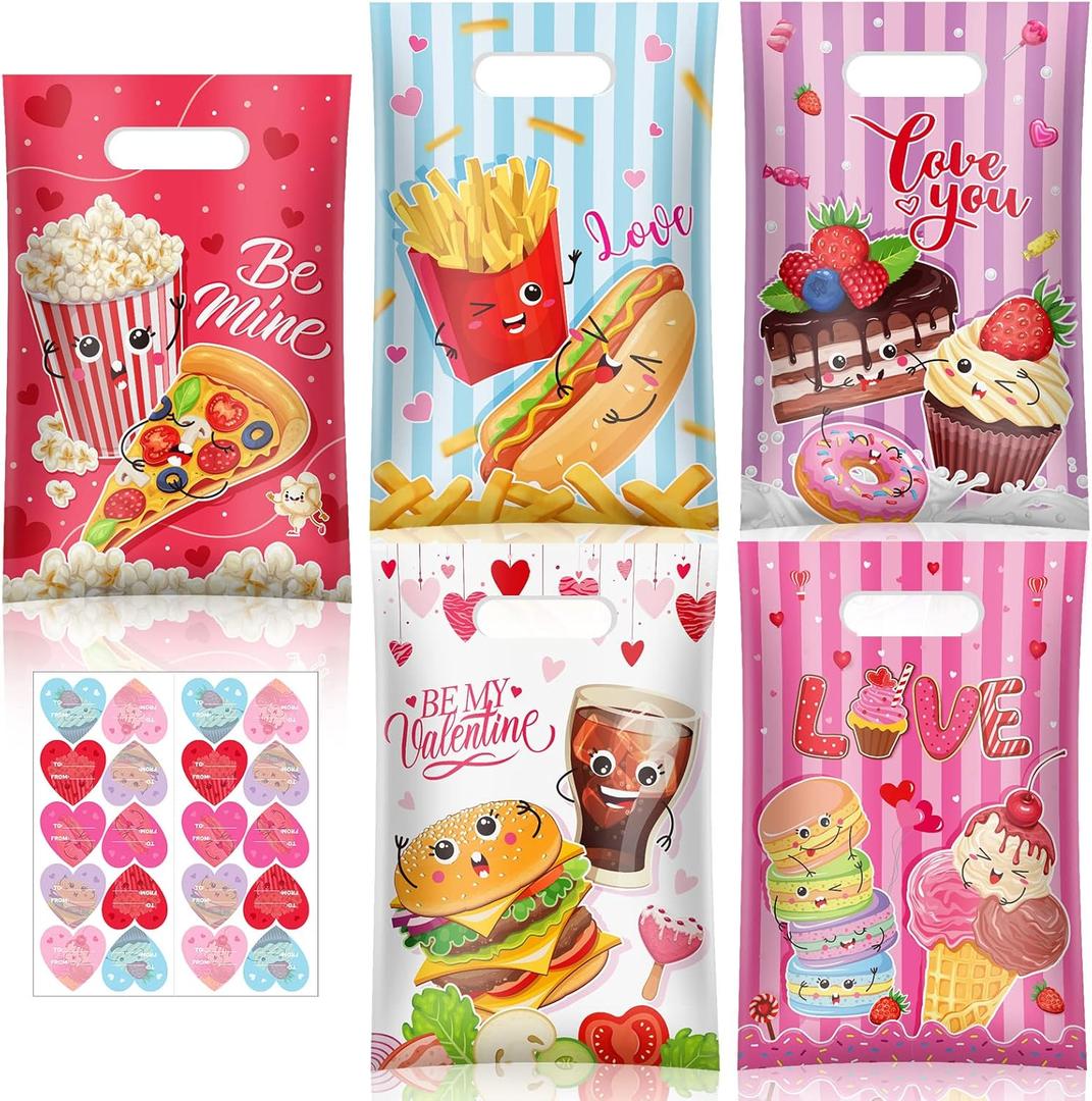 Patelai 100 Sets Valentines Gift Bags with to from Stickers Valentine's Day Treat Goodie Candy Bags with Handle Red Pink Love Snack Container for Classroom Party Favor Supplies Prizes