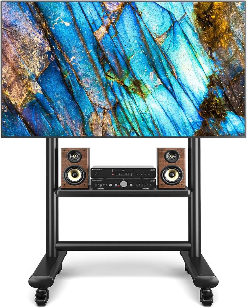 Rfiver Heavy Duty Mobile TV Stand for 50-92 Inch Large TVs up to 200lbs, Height Adjustable Rolling TV Stand with Silent Wheel, Upgraded Floor TV Mount Stand with AV Shelf for Home, Office, Trade Show, Black 